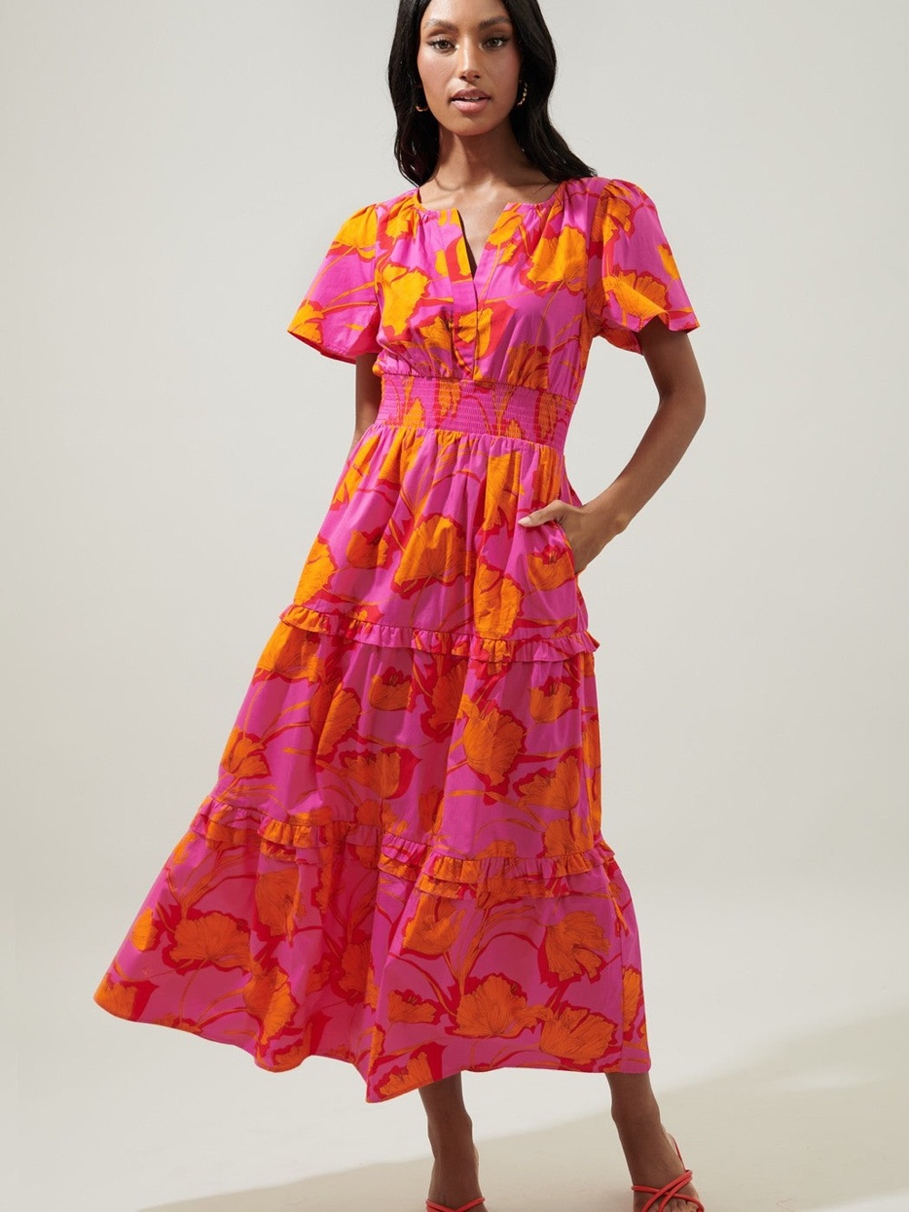 Pink & Orange Floral Tiered Midi Dress